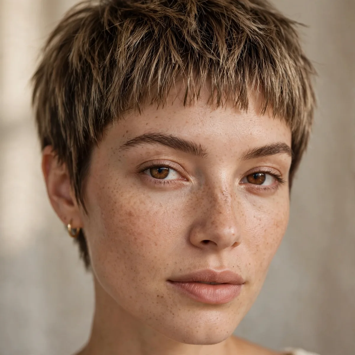 Close-up of pixie with micro bangs showing tiny micro fringe and textured ends
