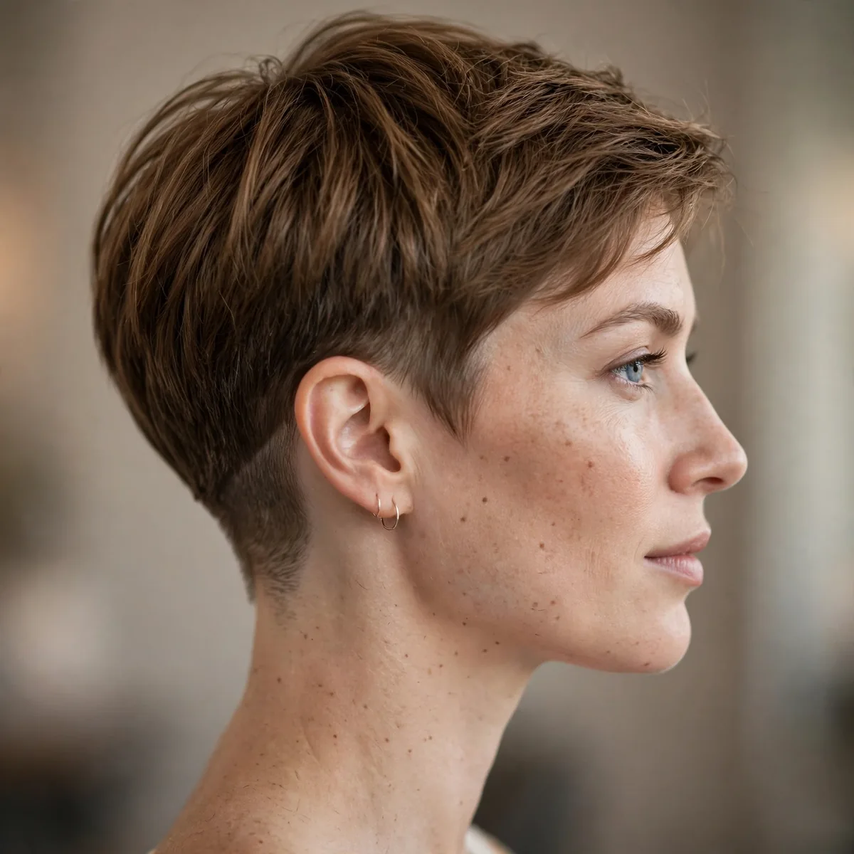 Side profile of woman with tapered nape pixie featuring a clean tapered nape