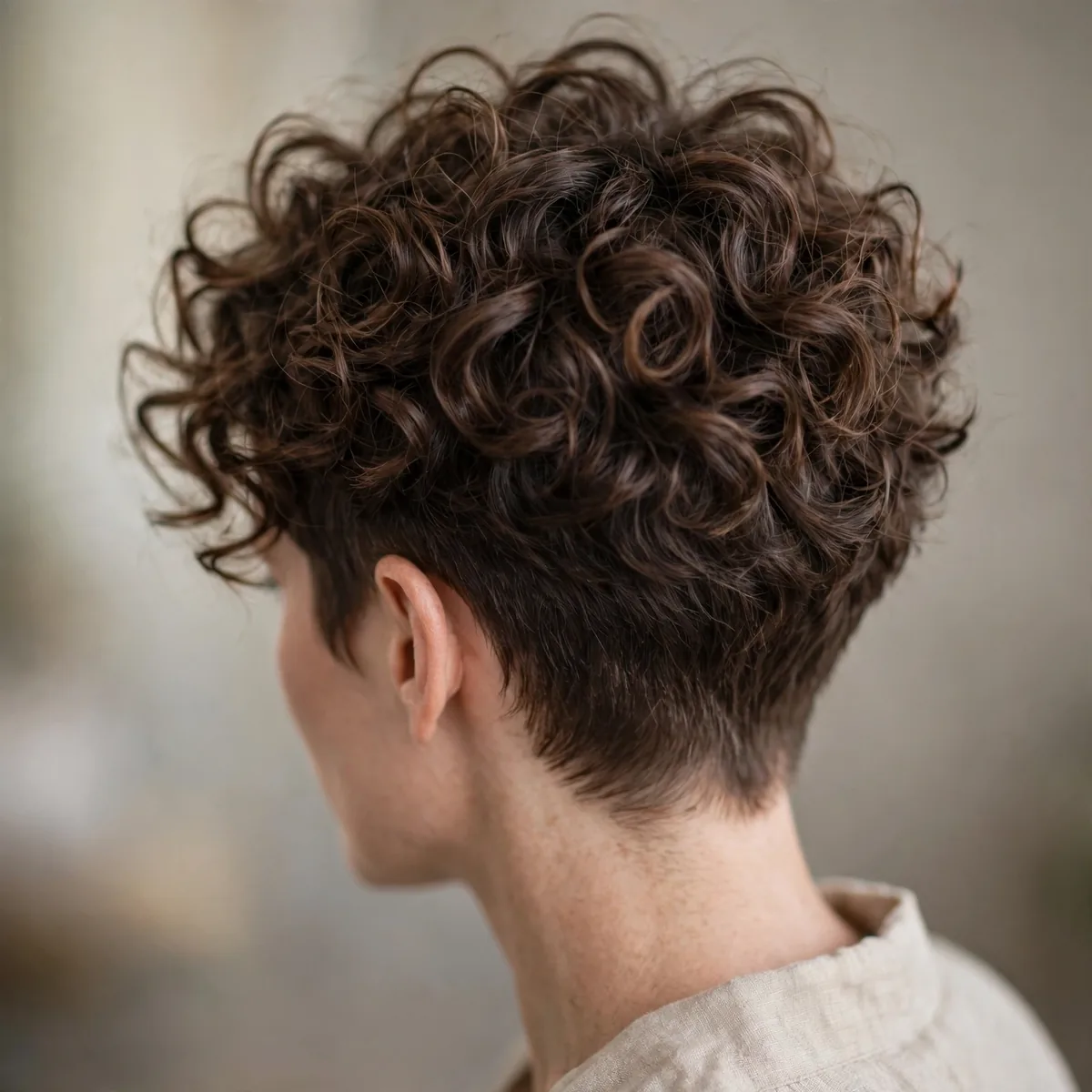 Back view of curly-top pixie highlighting natural curls left on top and natural movement