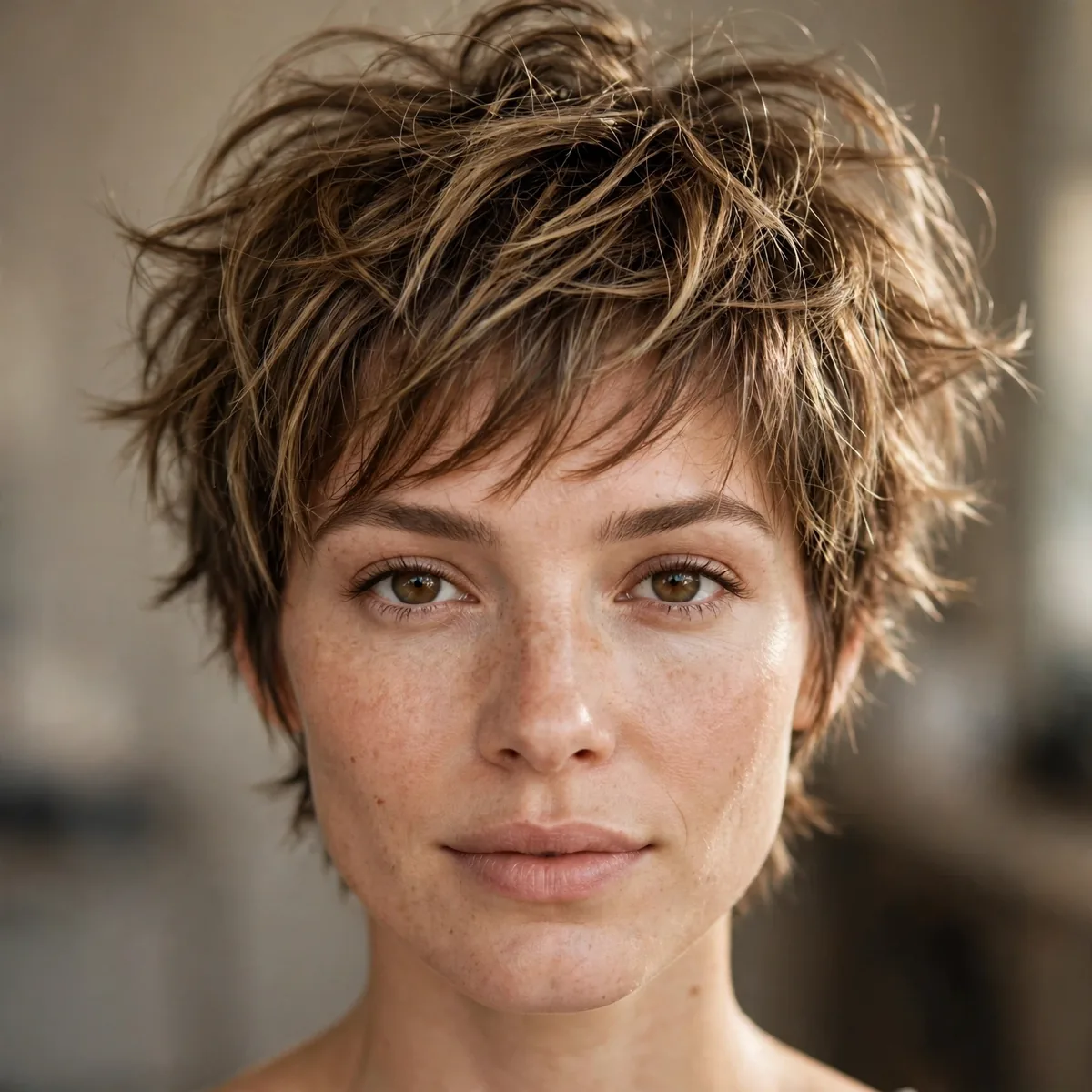 Salon-style photo of tousled bedhead pixie with undone tousled texture and healthy shine