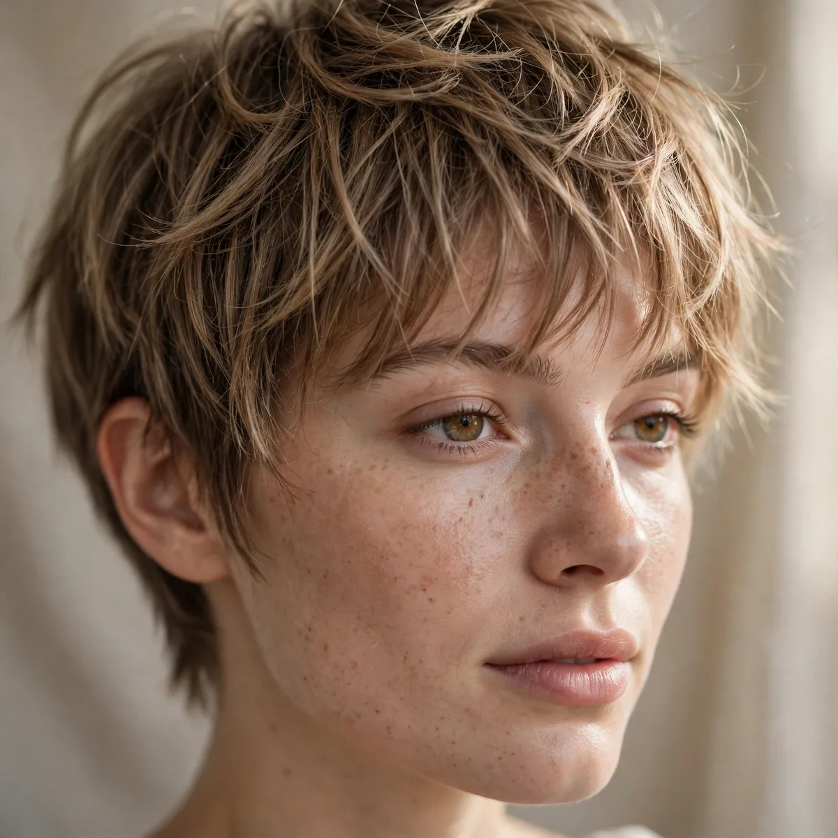 Close-up of pixie with wispy fringe showing a soft wispy fringe and textured ends