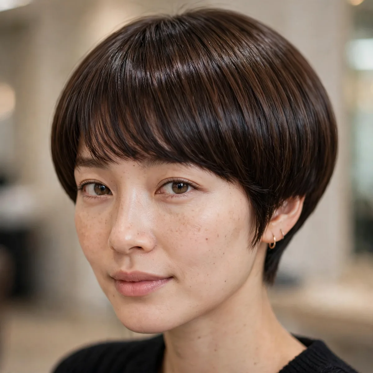 Salon-style photo of bowl-inspired modern pixie with a rounded bowl silhouette and healthy shine