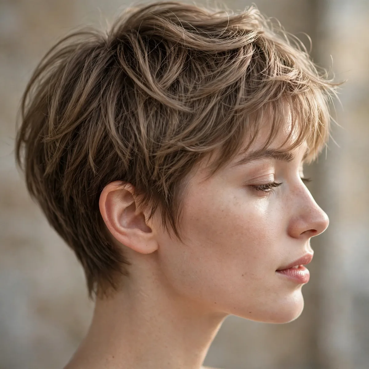 Side profile of woman with soft feminine pixie featuring delicate soft layering