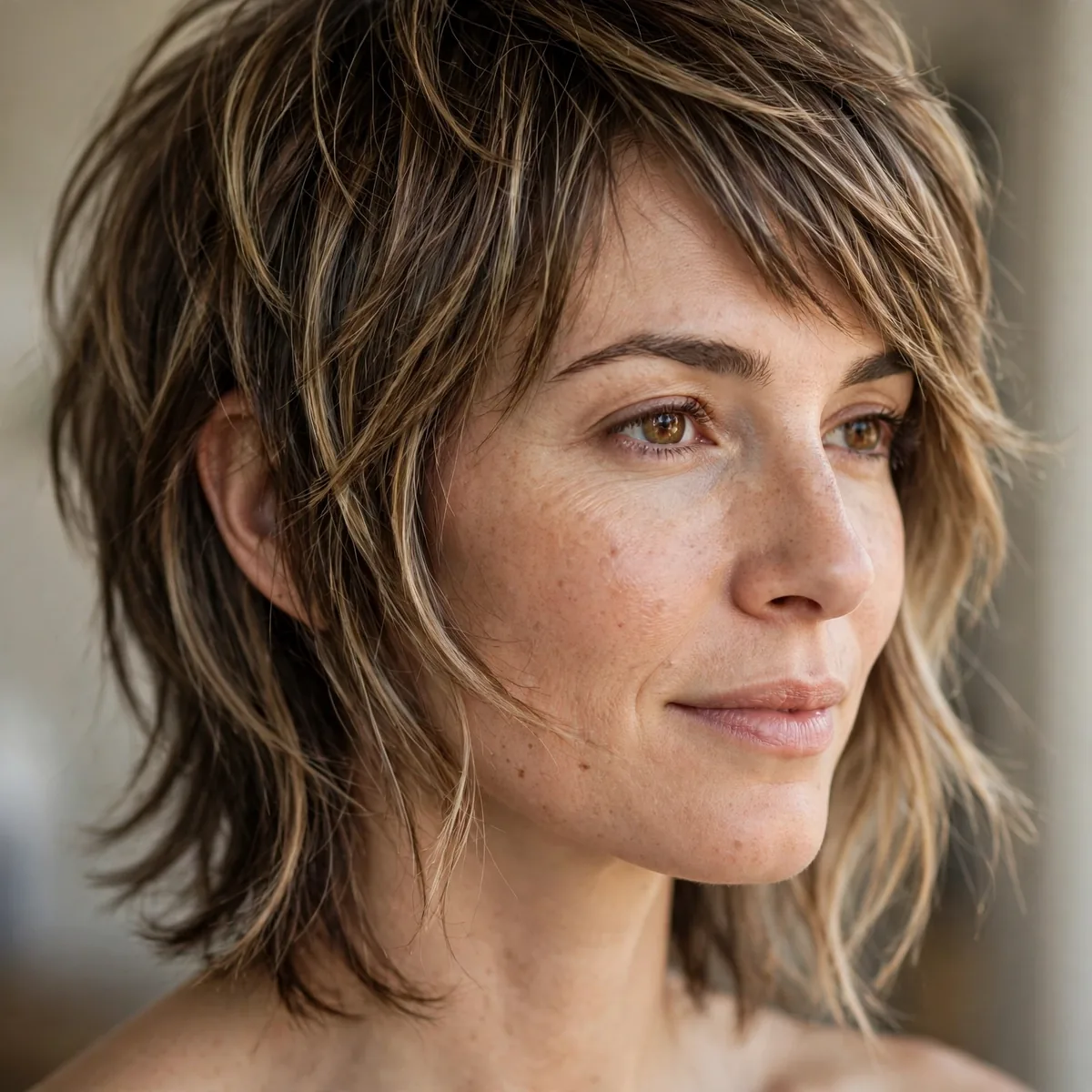 Woman wearing grown-out pixie layers with longer grown-in layers, photographed in soft natural light