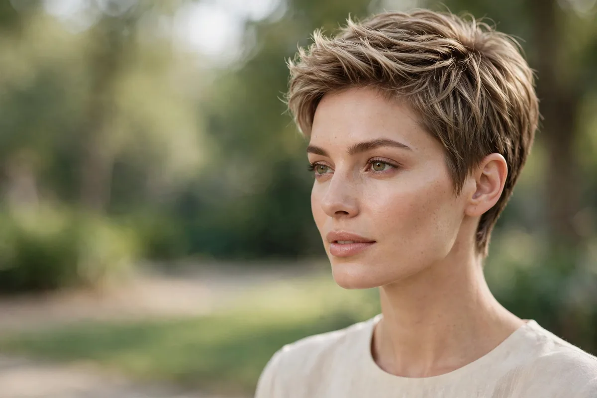 Woman with a short pixie haircut for fine hair with volume at the crown
