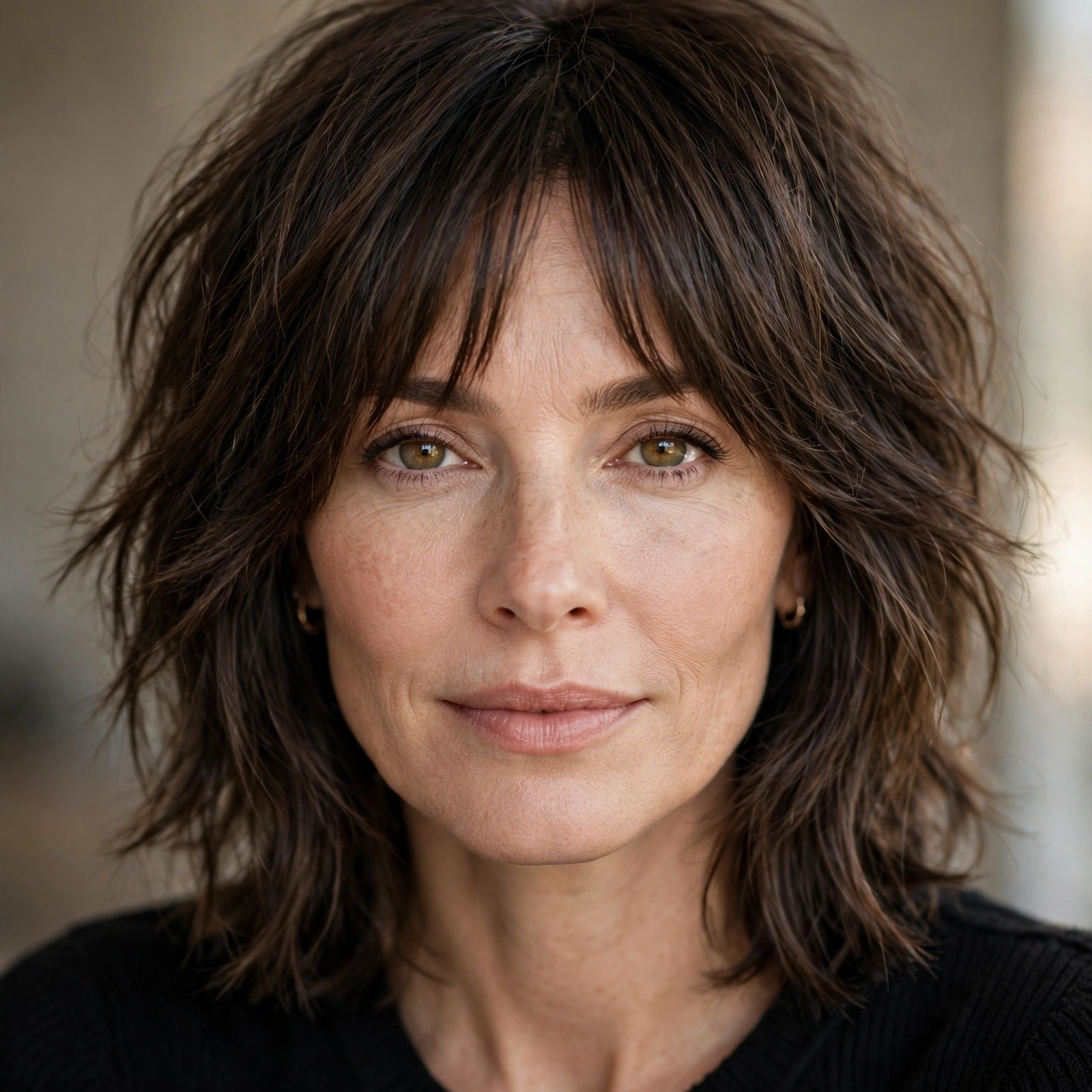 Shoulder-length shag haircut with curtain bangs