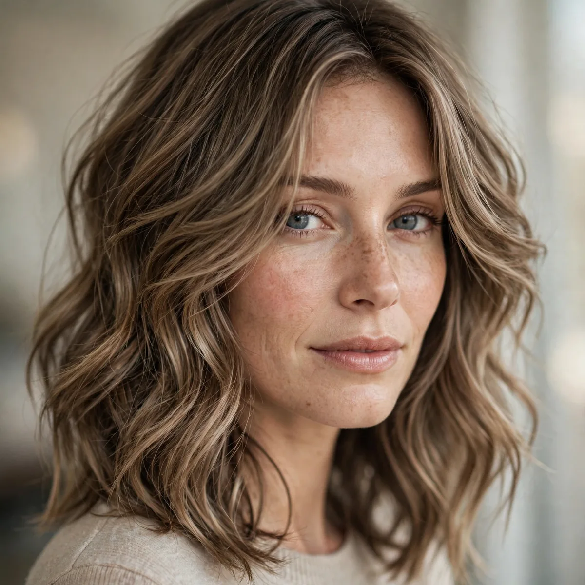 Woman wearing layered wavy cut with long blended layers, photographed in soft natural light