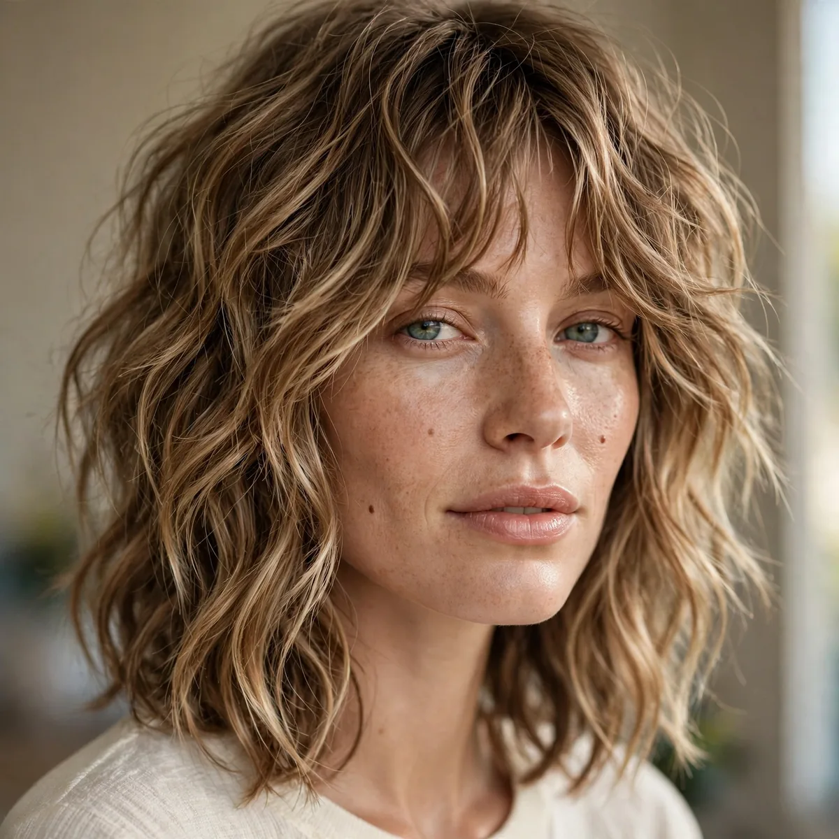 Woman wearing wavy shag lob with shaggy collarbone layers, photographed in soft natural light