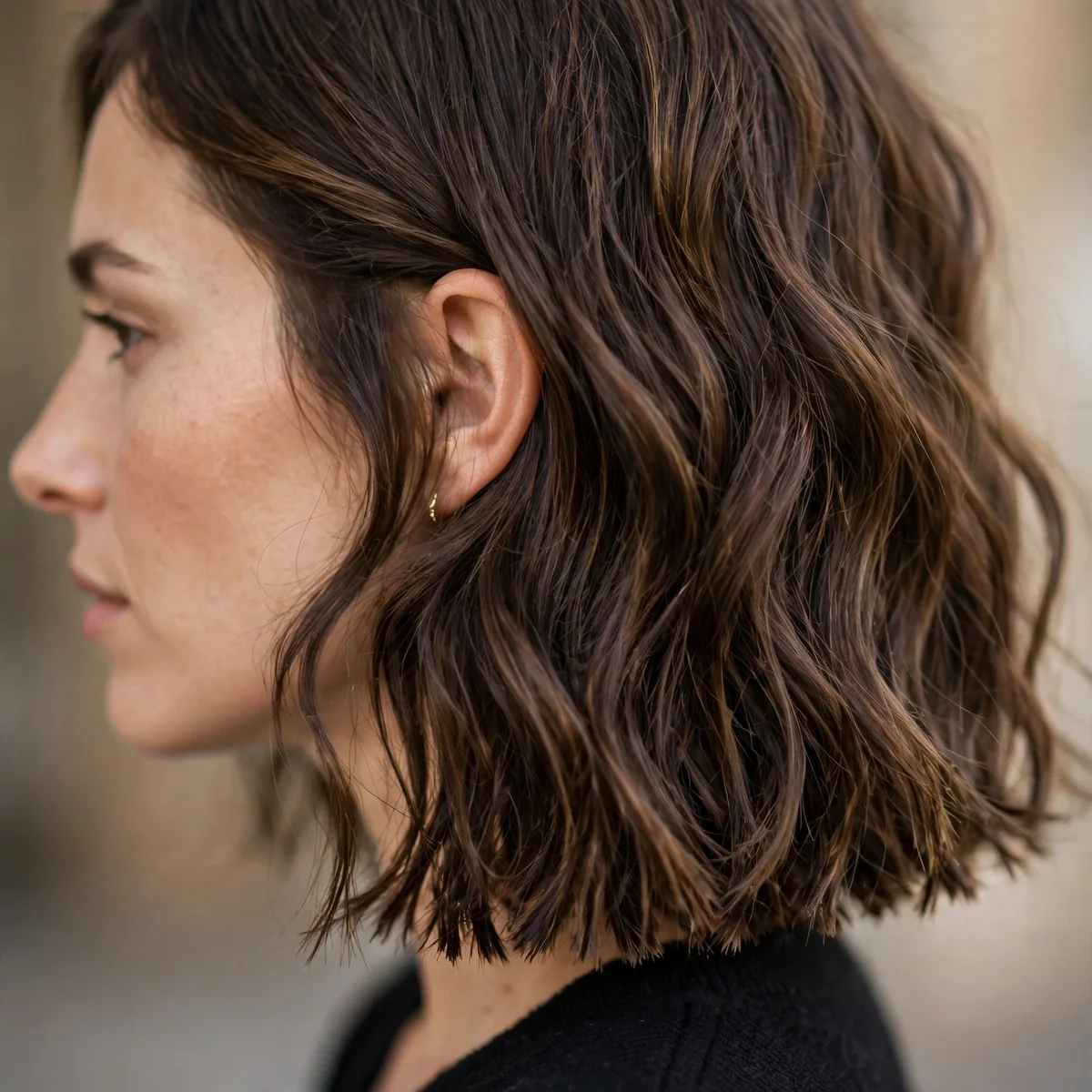Close-up of blunt wavy lob showing a sharp blunt baseline and textured ends