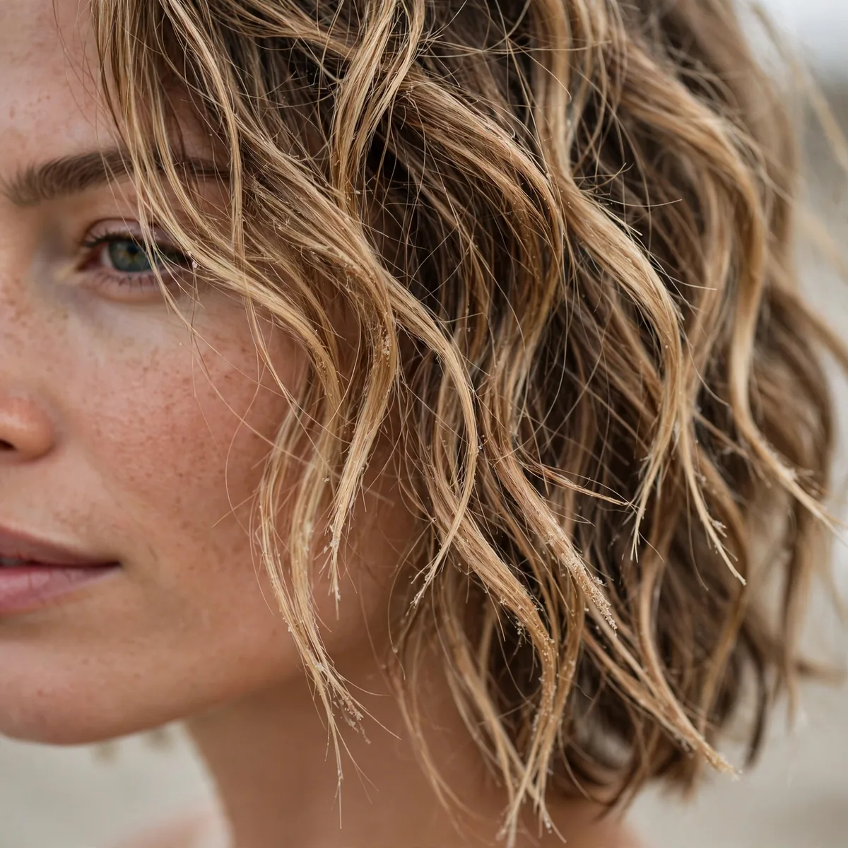 Close-up of tousled beach waves showing salty beach-wave texture and textured ends