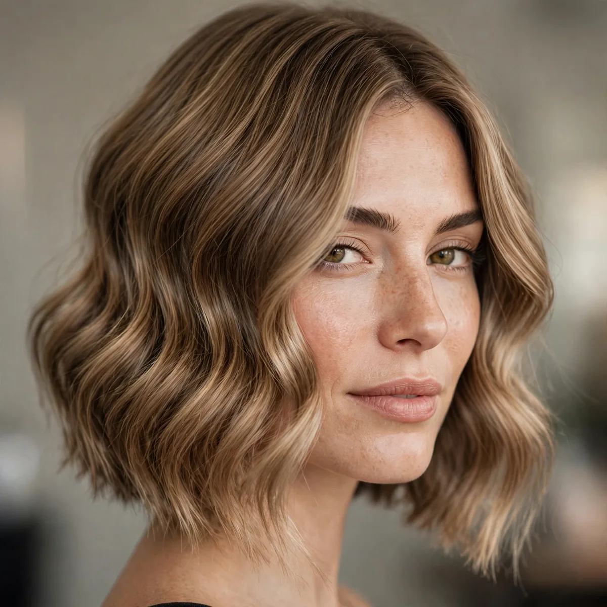 Salon-style photo of wavy a-line lob with a subtle forward angle and healthy shine
