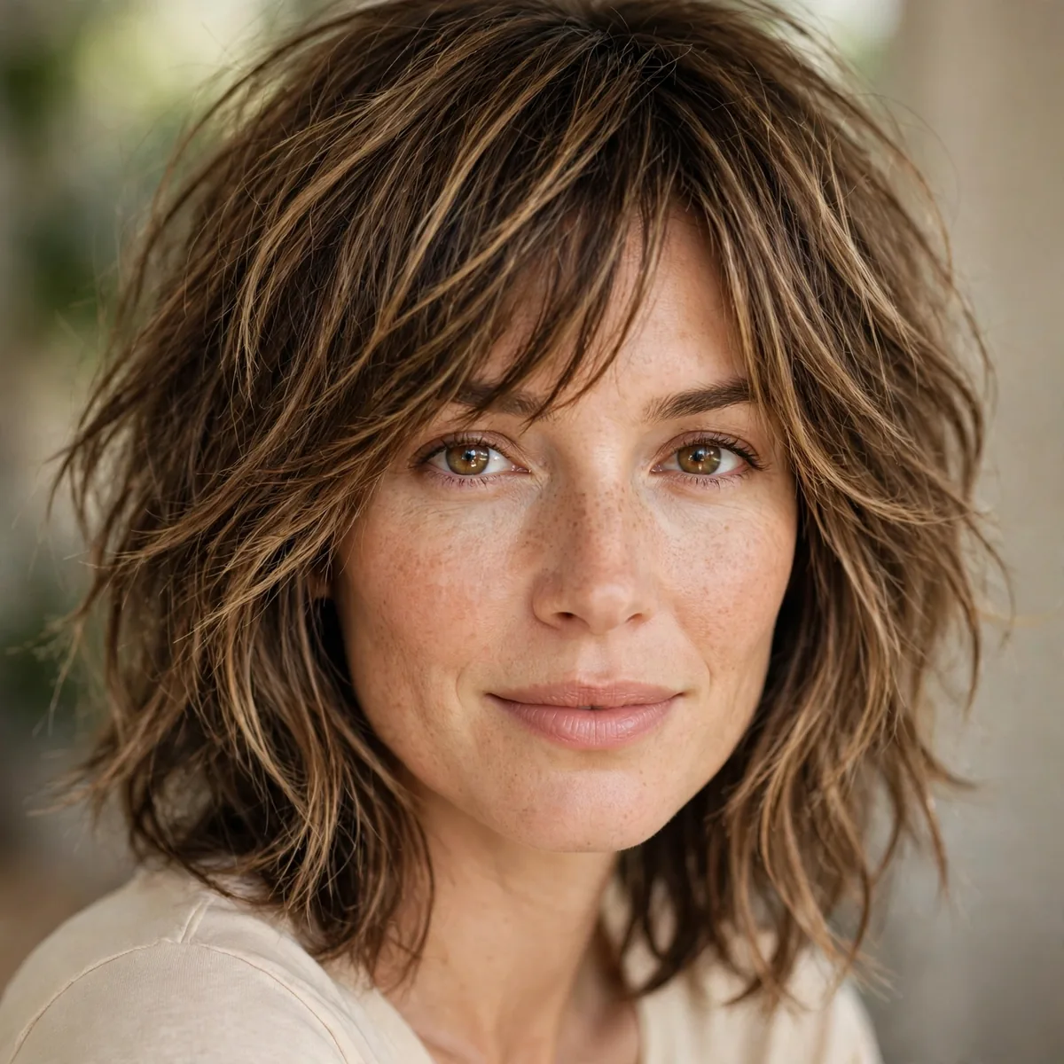 Woman wearing shoulder-length shag with choppy shag layers, photographed in soft natural light