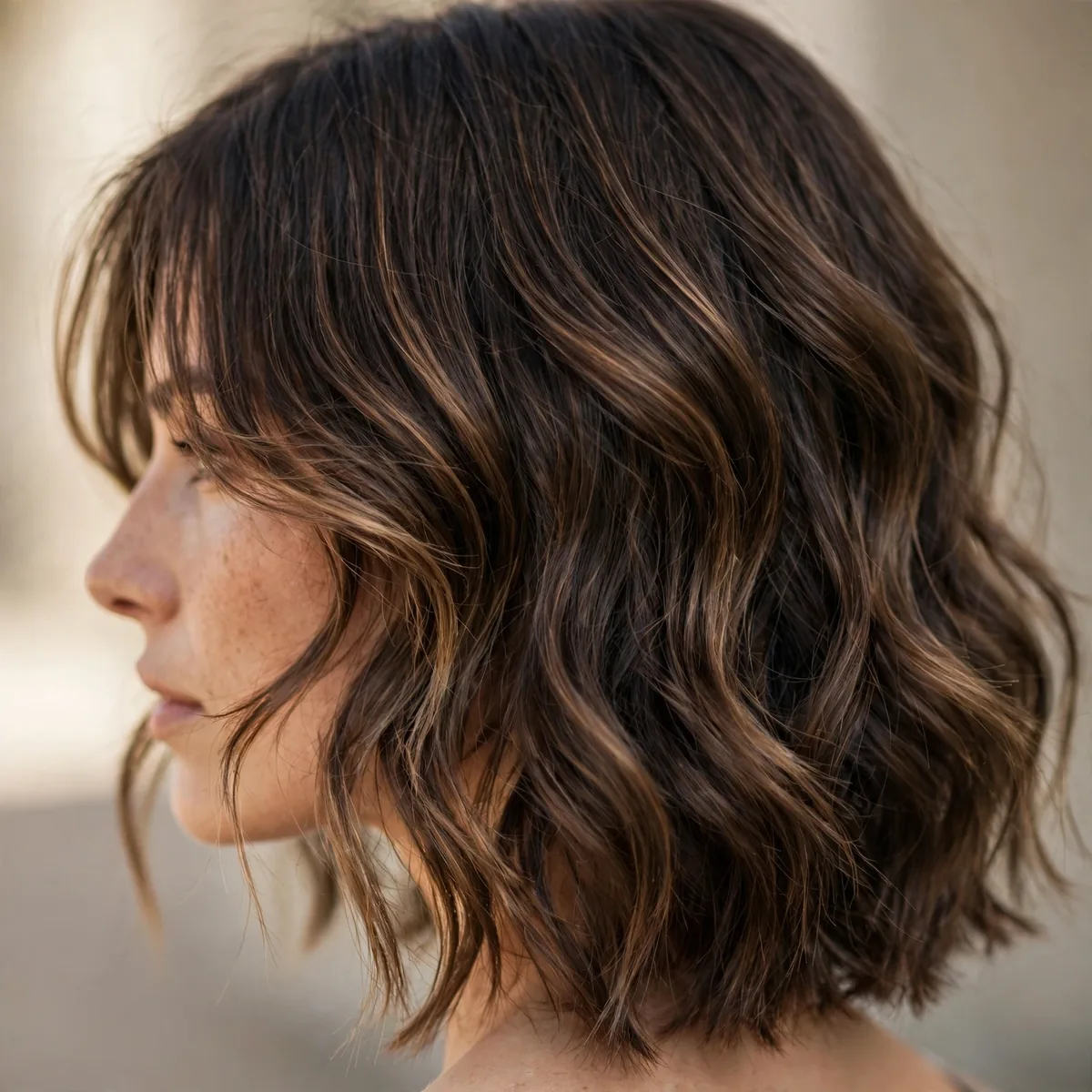 Back view of wavy lob with face-framing layers highlighting cheekbone front layers and natural movement