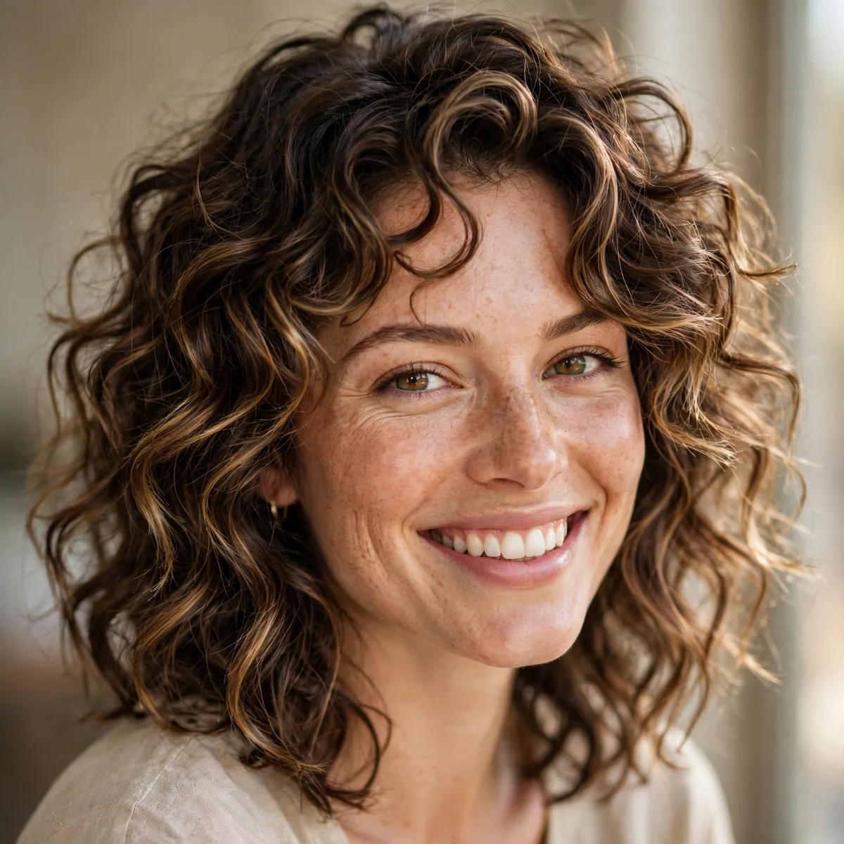 Woman smiling with curly-wavy hybrid cut, a curl-and-wave blend visible in daylight