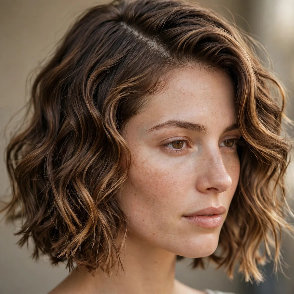 Close-up of wavy lob with side part showing a deep side part and textured ends