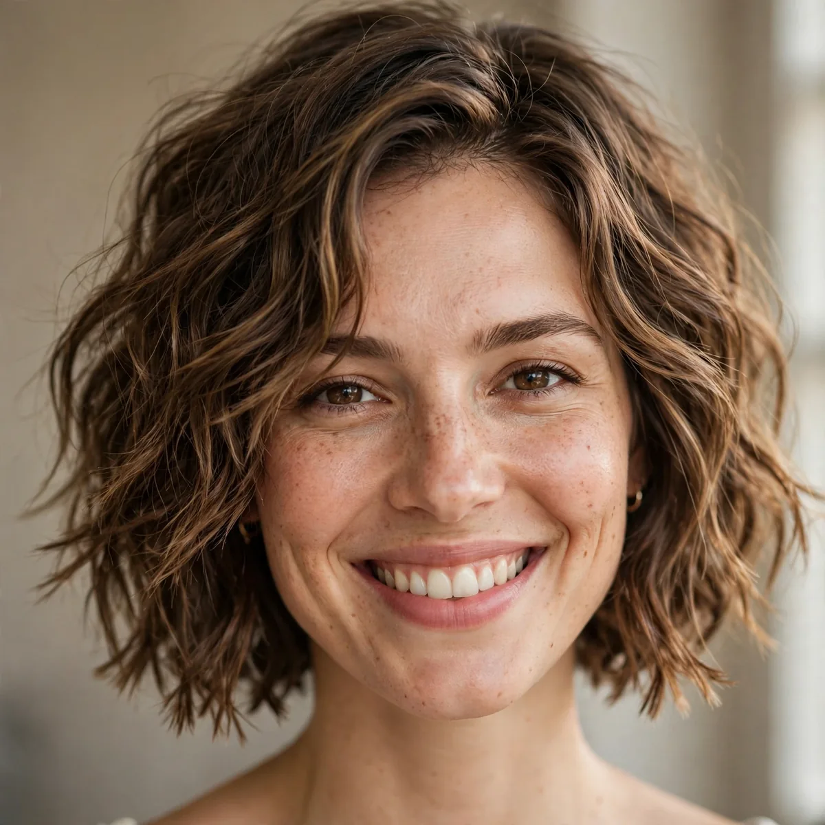 Woman smiling with textured wavy lob, razor-textured ends visible in daylight