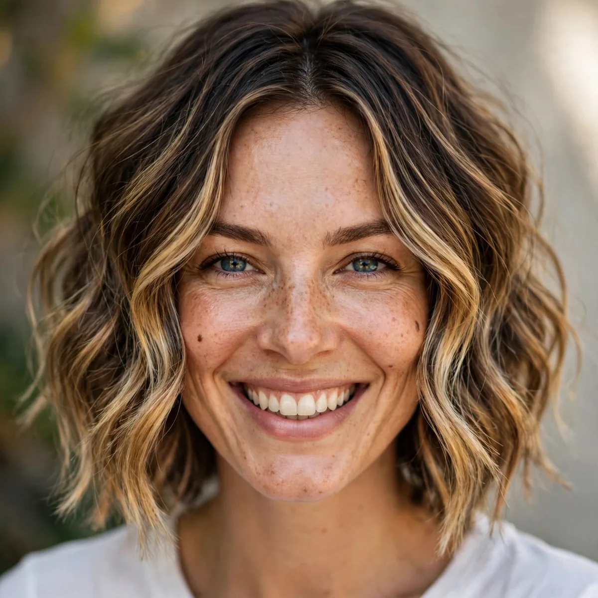 Woman smiling with wavy lob with balayage, hand-painted balayage visible in daylight