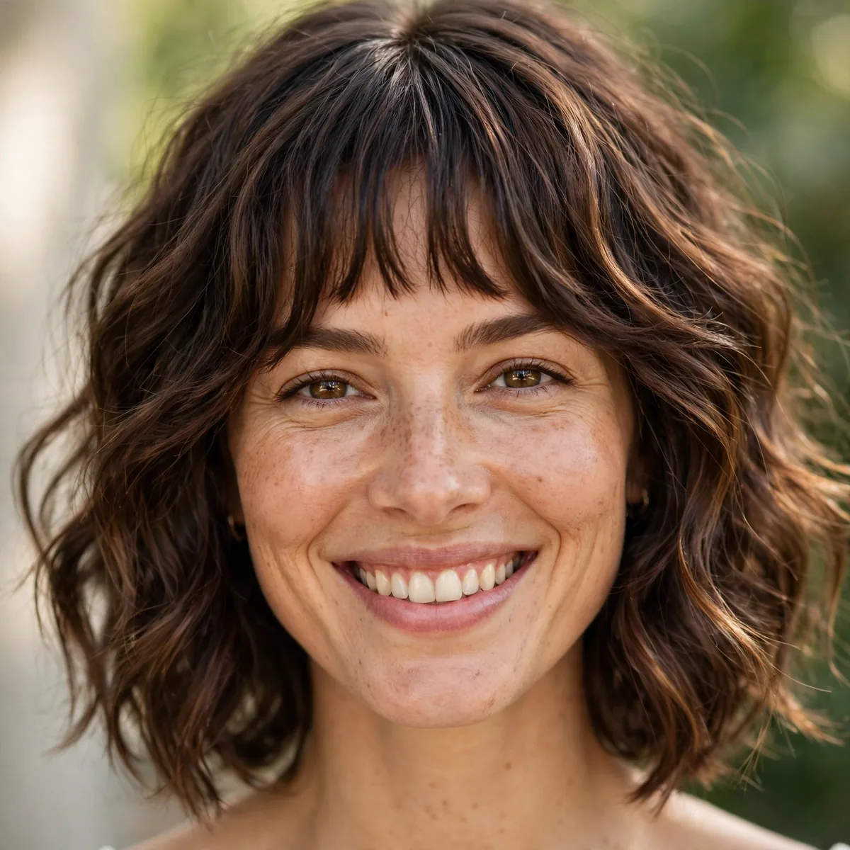 Woman smiling with wavy lob with bottleneck bangs, narrow bottleneck fringe visible in daylight