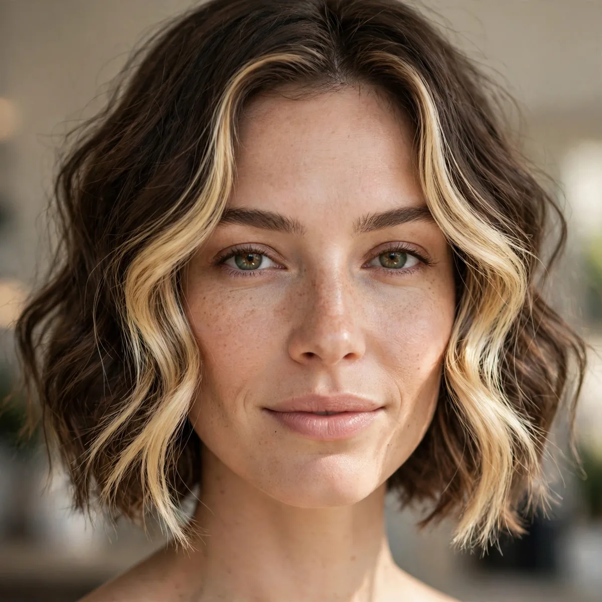 Woman wearing wavy lob with money piece with bright face-framing money piece, photographed in soft natural light