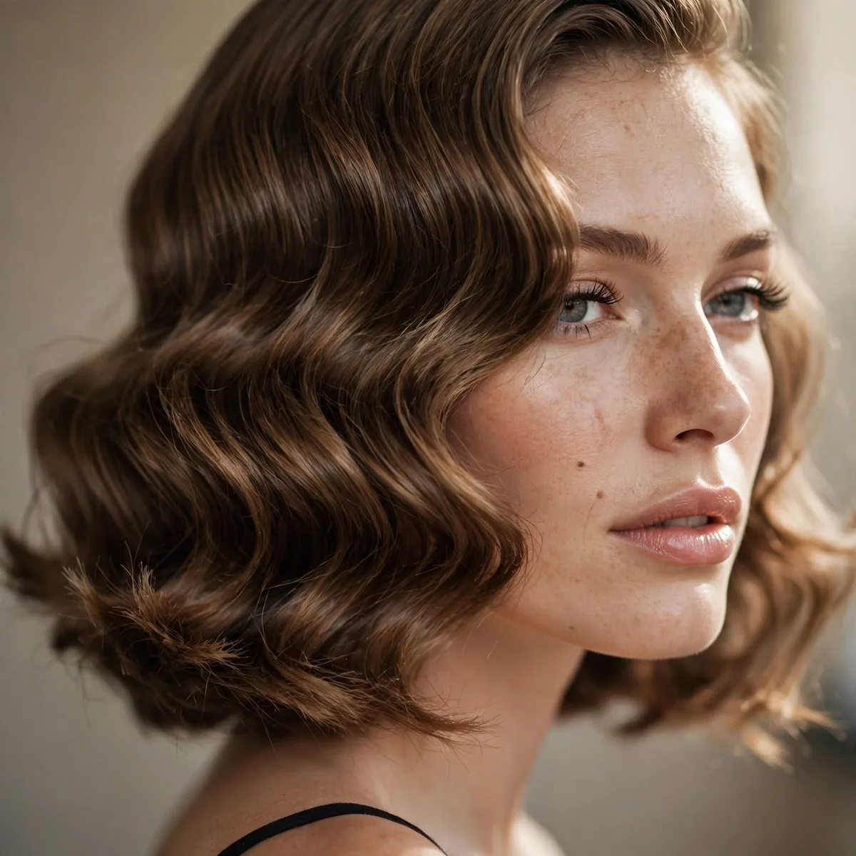 Close-up of glam hollywood wavy lob showing polished vintage waves and textured ends