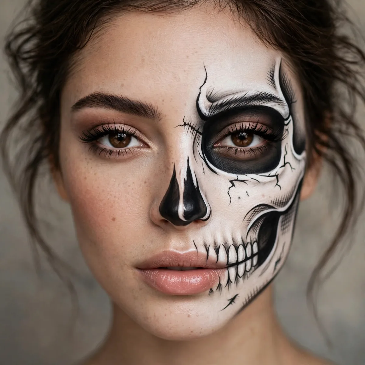 Close-up of classic black-and-white skeleton showing crisp black contour lines, flawlessly blended