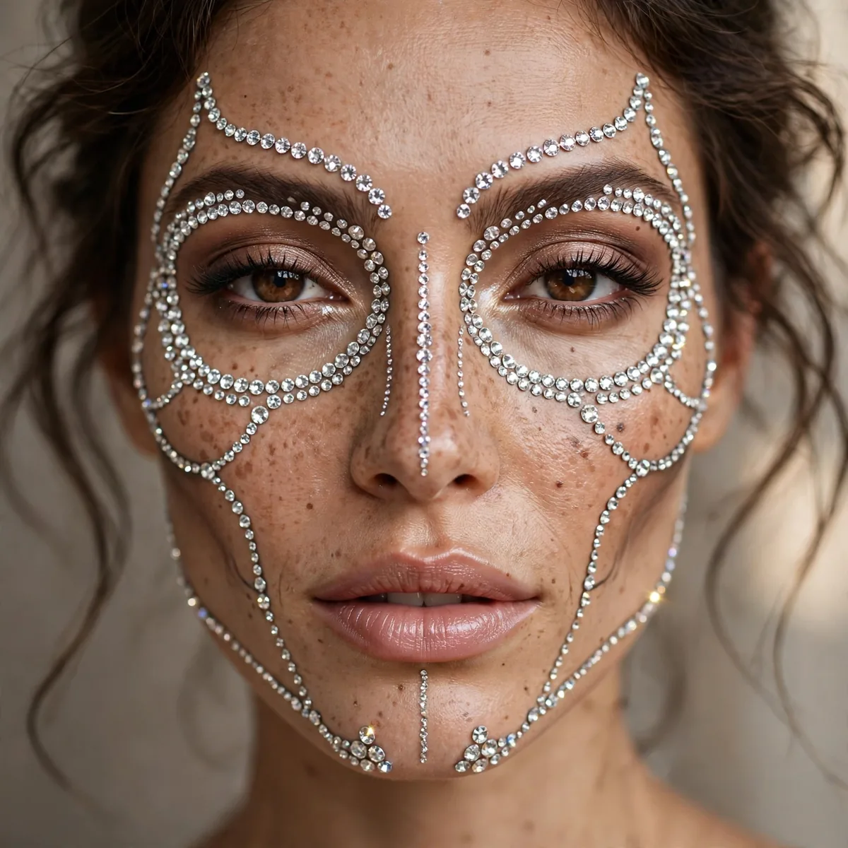 Beauty close-up of glam rhinestone skeleton highlighting rhinestones tracing the skull lines and skin finish