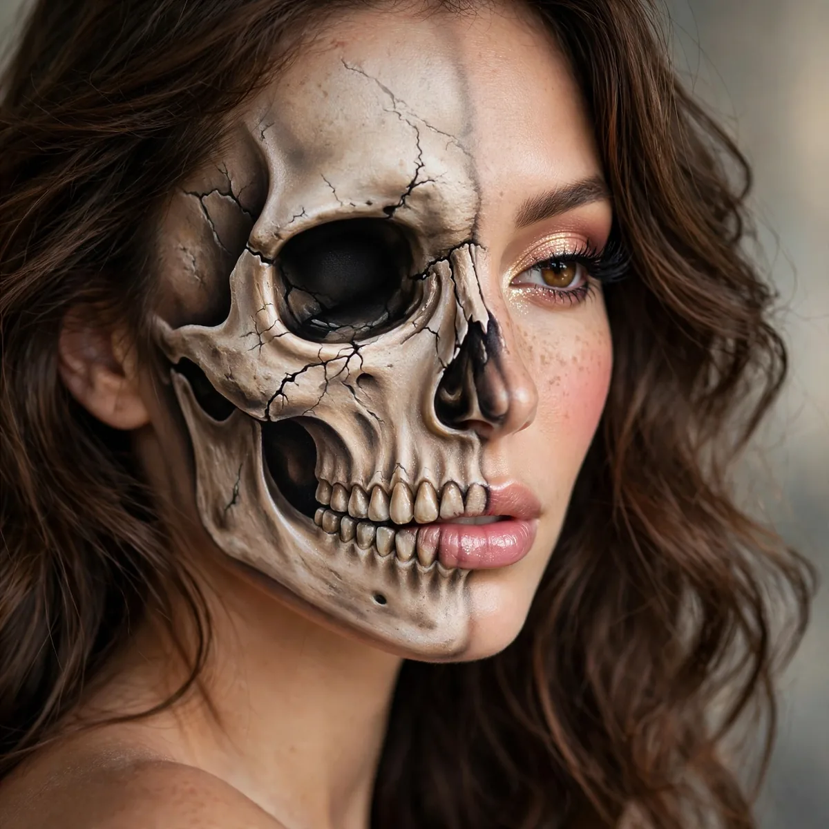 Three-quarter view of half-face skeleton with skull art on one half under studio lighting