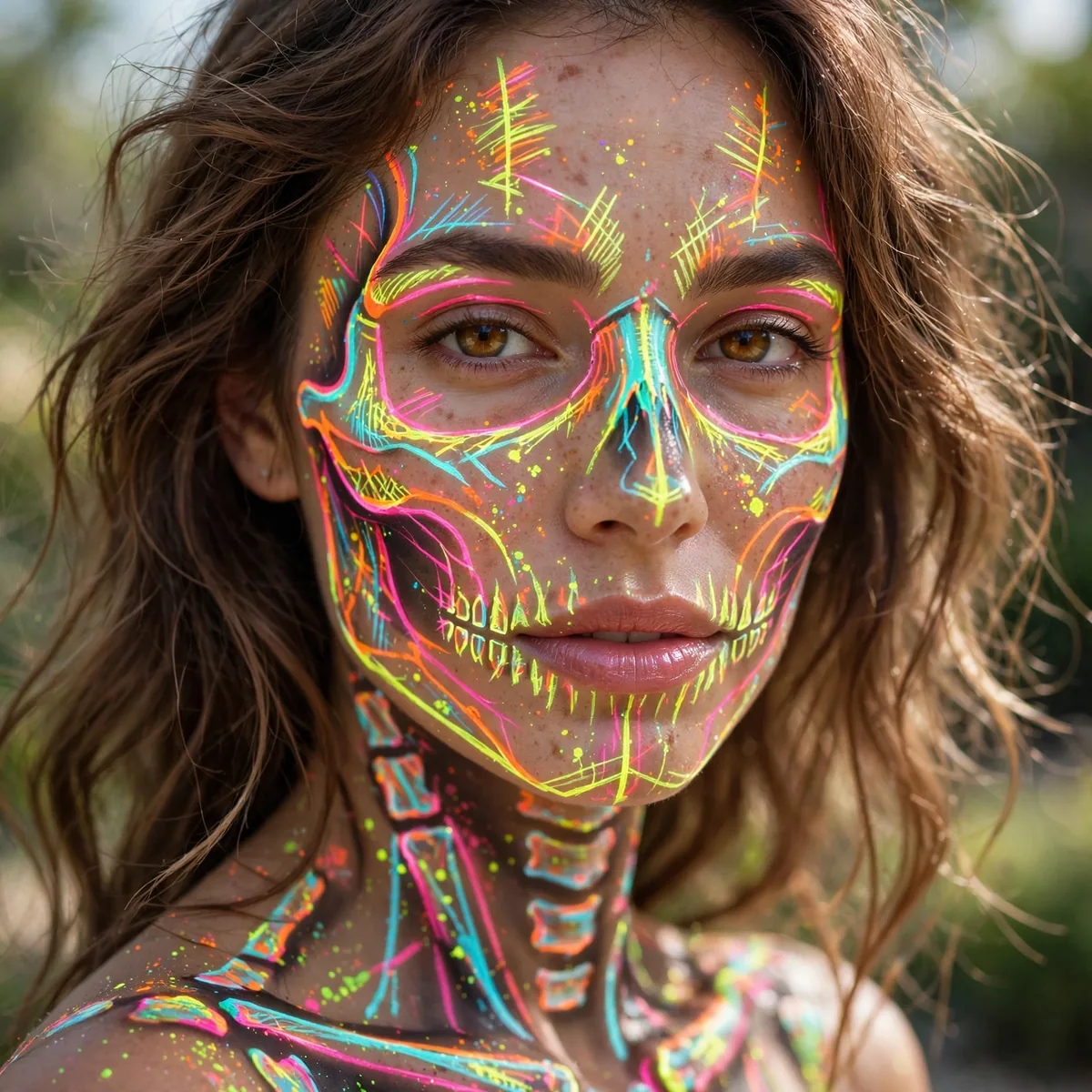 Woman with neon glow skeleton, UV-reactive neon paints clearly visible in daylight
