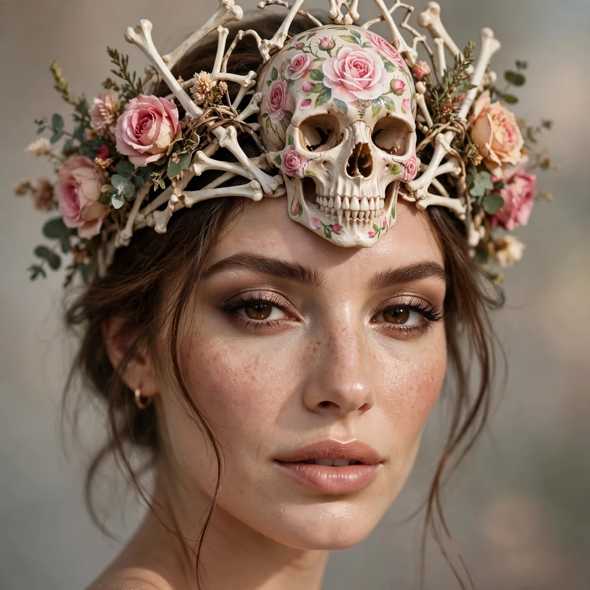 Beauty close-up of floral crown skeleton highlighting a skull with painted roses and skin finish