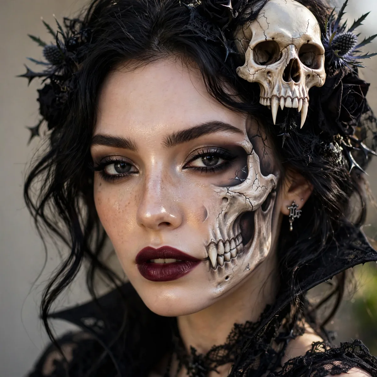 Woman with gothic vampire skeleton, a skull with vampire fangs clearly visible in daylight