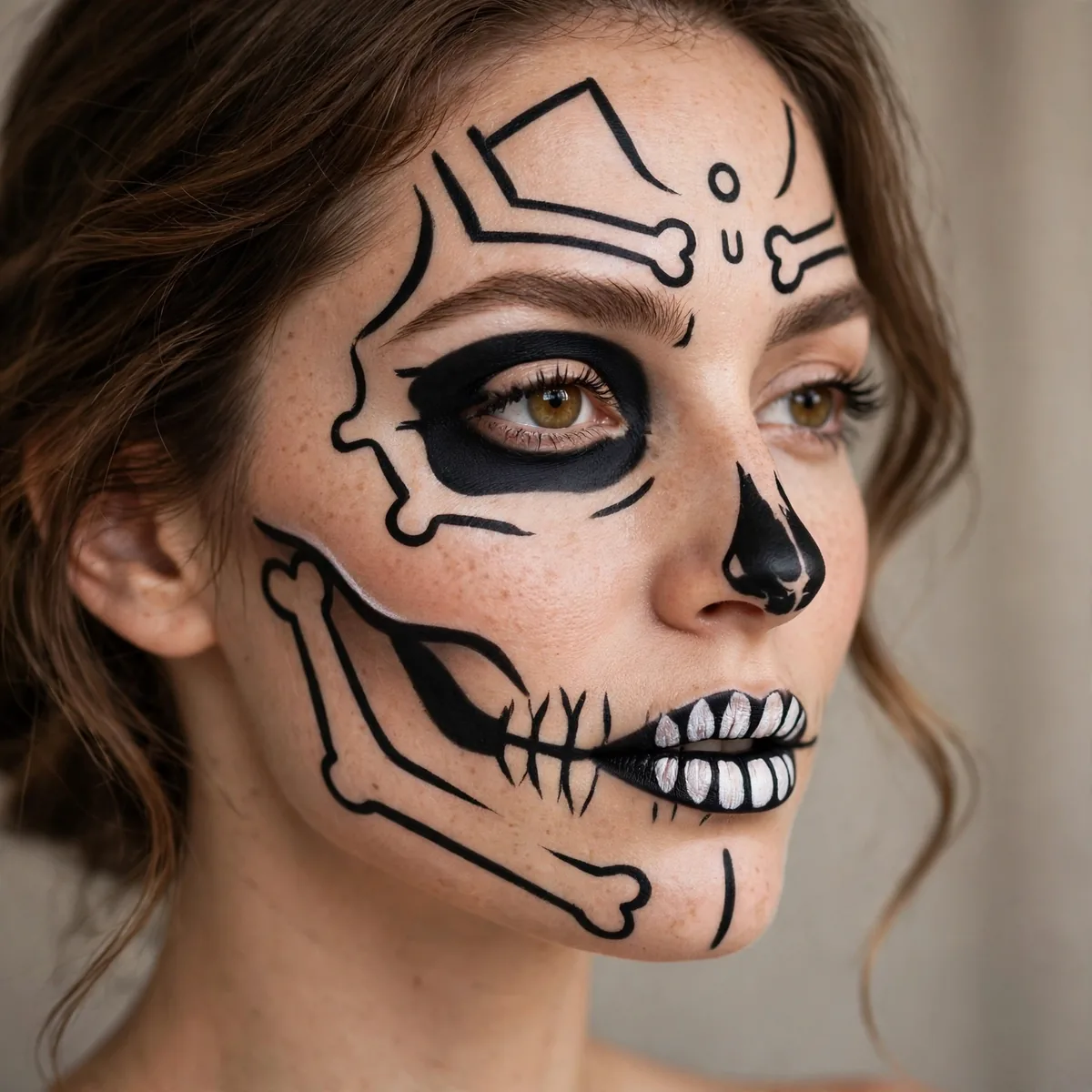 Three-quarter view of easy beginner skeleton with simple bold shapes under studio lighting
