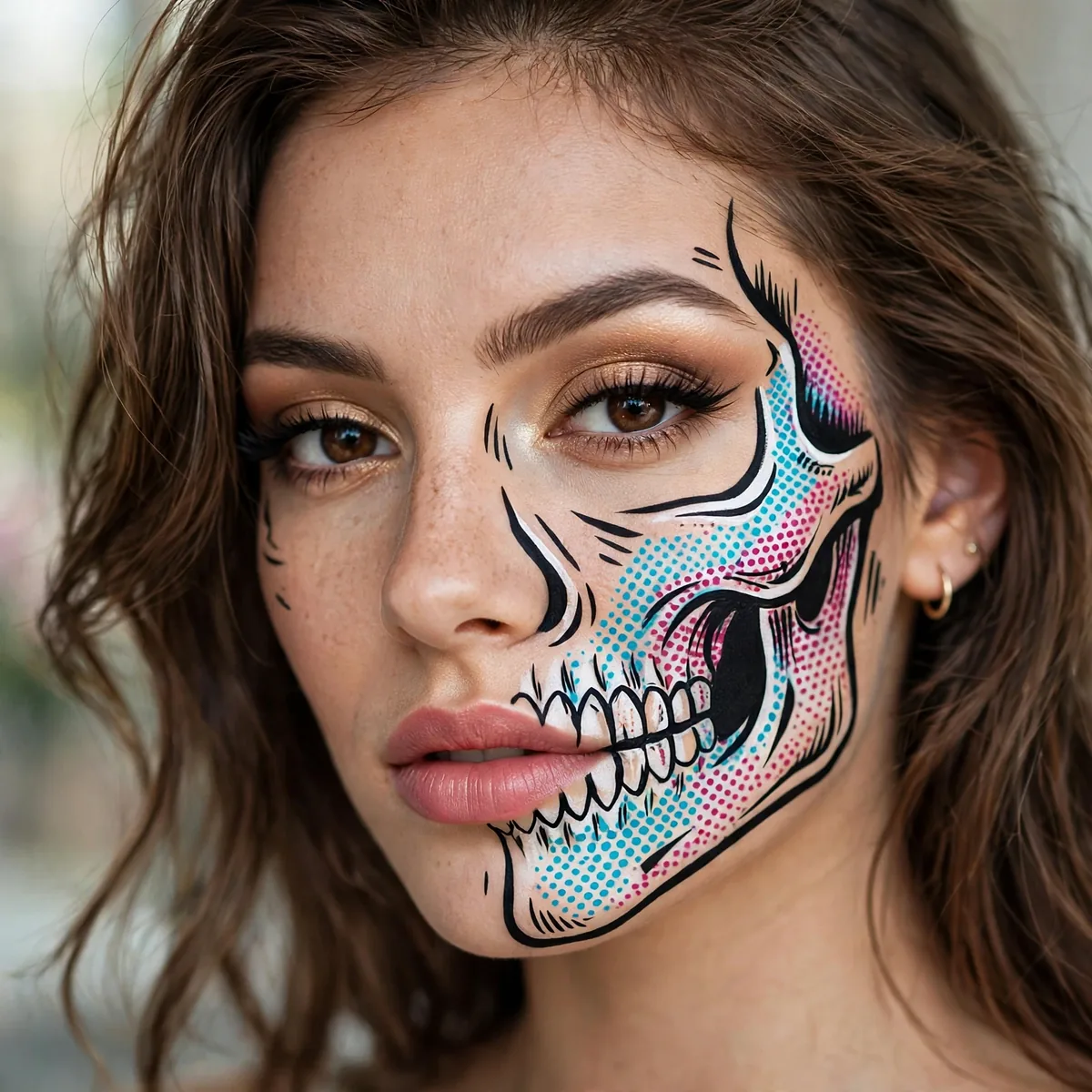 Woman with pop art skeleton, comic-style outlines clearly visible in daylight