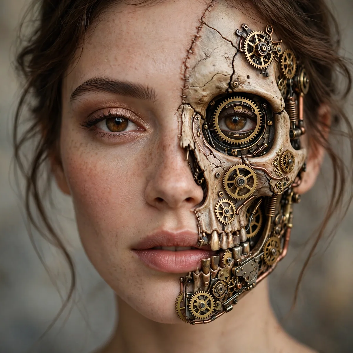 Portrait of woman with steampunk skeleton featuring brass gears and cogs and Victorian-inspired detailing