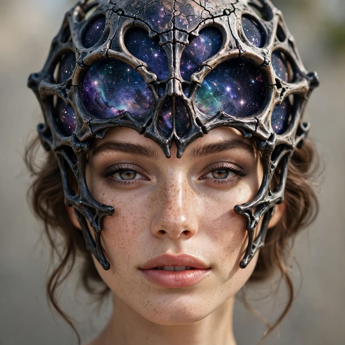 Woman wearing galaxy skeleton with a starry cosmic skull, photographed in soft natural light