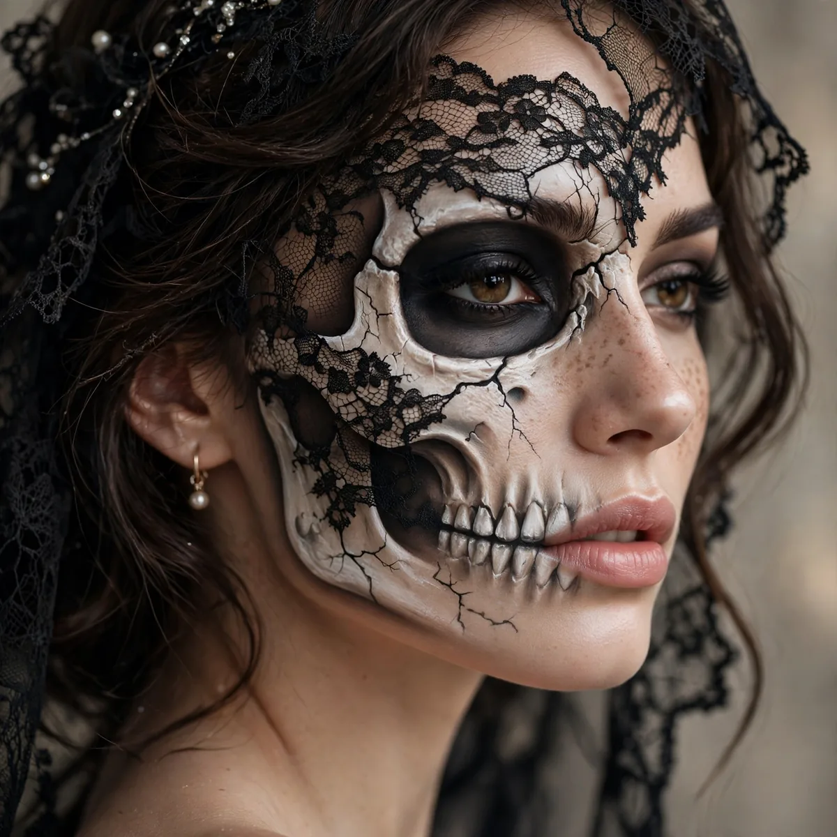 Three-quarter view of elegant masquerade skeleton with a skull with a lace mask under studio lighting
