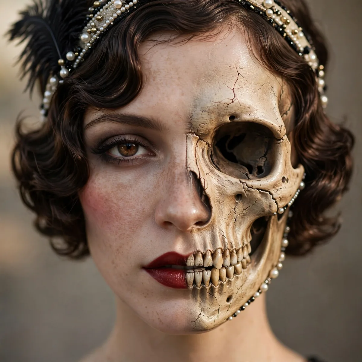 Close-up of vintage halloween skeleton showing a retro 1920s skull, flawlessly blended