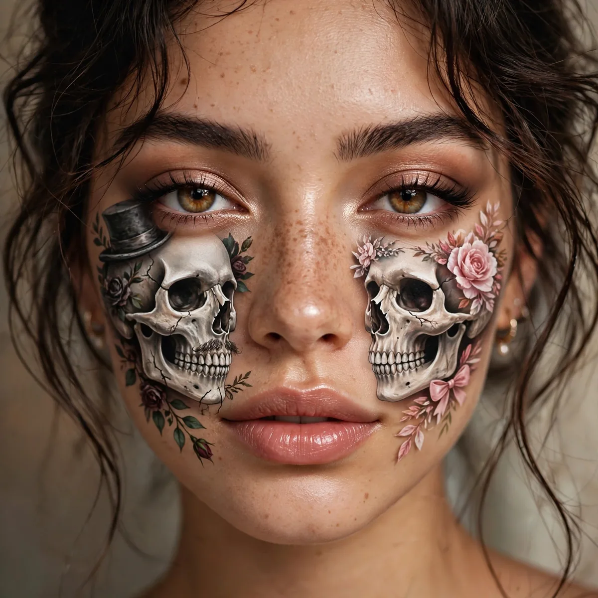 Close-up of skeleton couple duo showing matching his-and-hers skulls, flawlessly blended