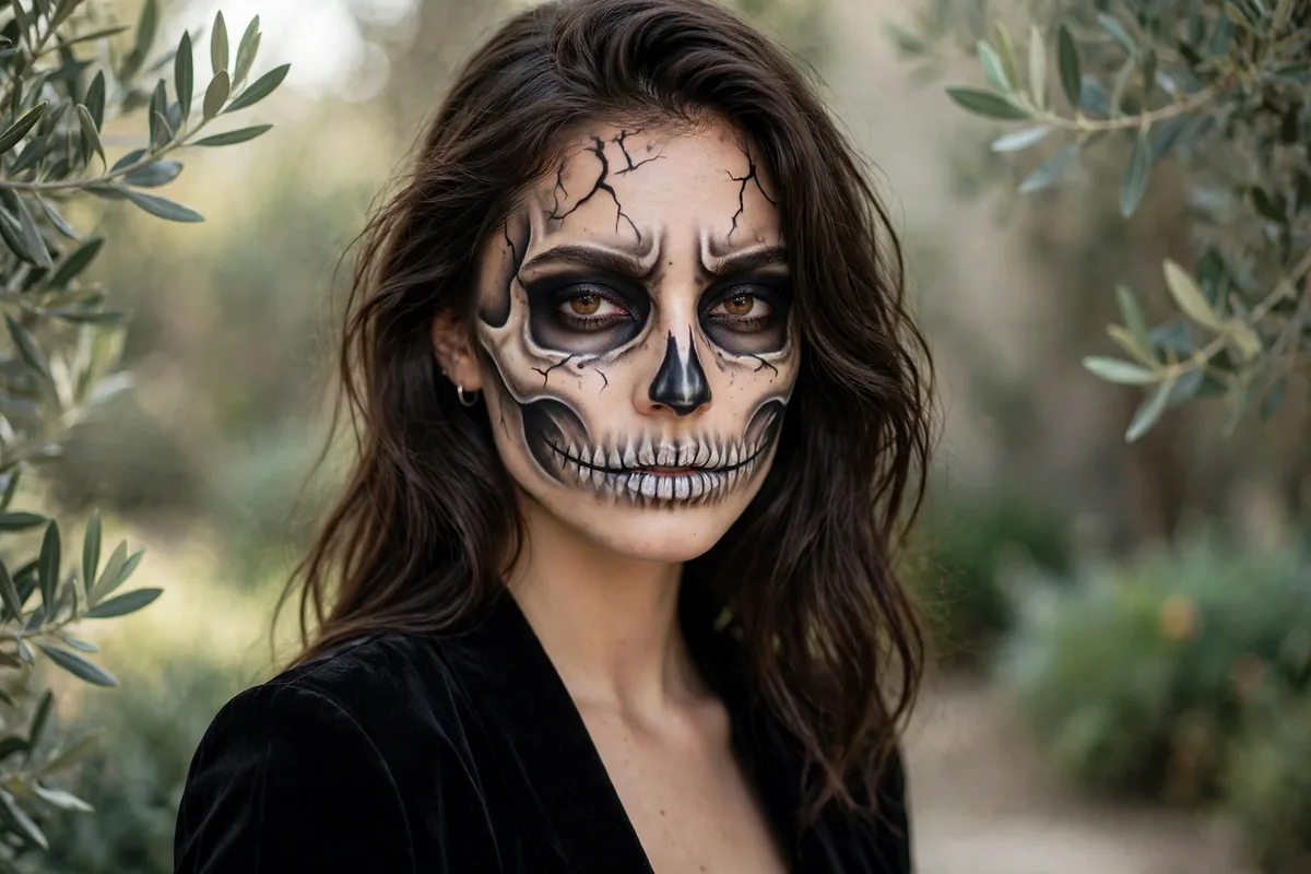 Woman with dramatic skeleton Halloween makeup featuring a painted skull design