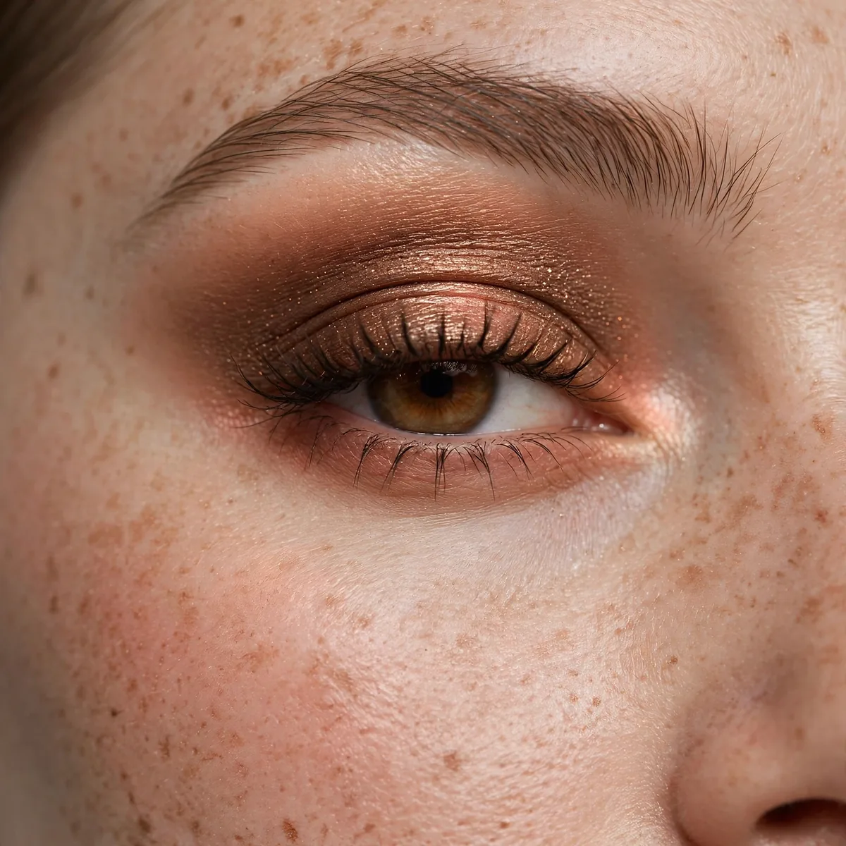 Close-up of Bronze Smokey Eye featuring warm bronze and soft peach