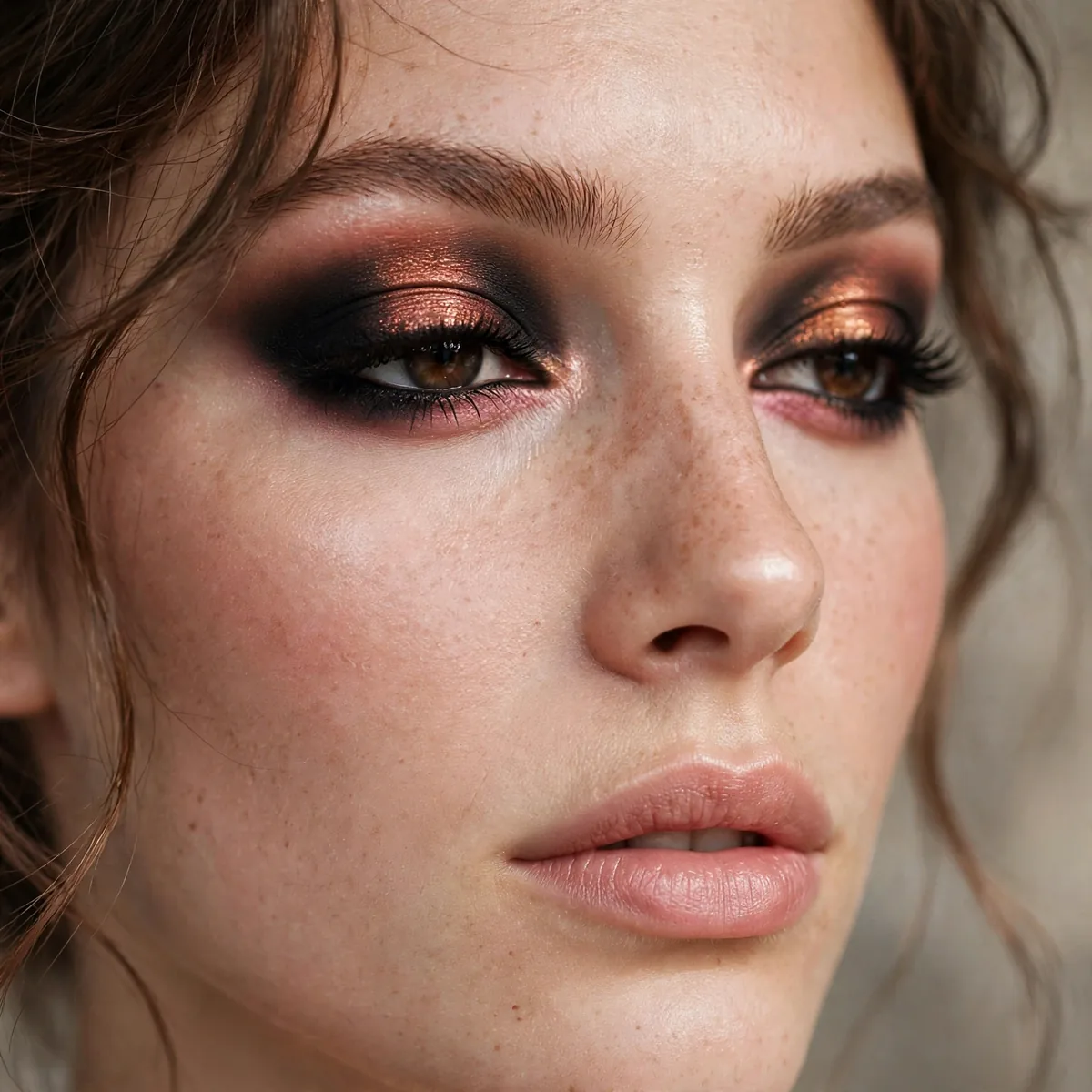 Close-up of Soft Black Classic Smoke featuring rich copper and pale rose