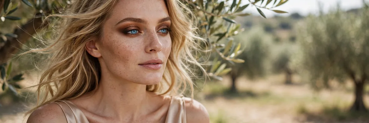 Woman with blue eyes wearing bronze smokey eye makeup