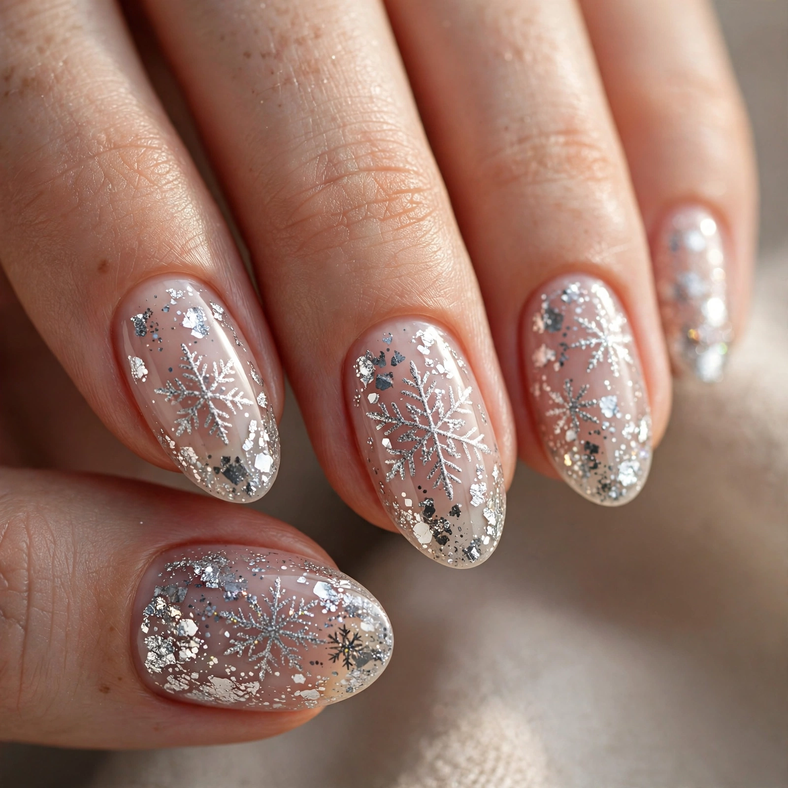Silver glitter snowflake nails