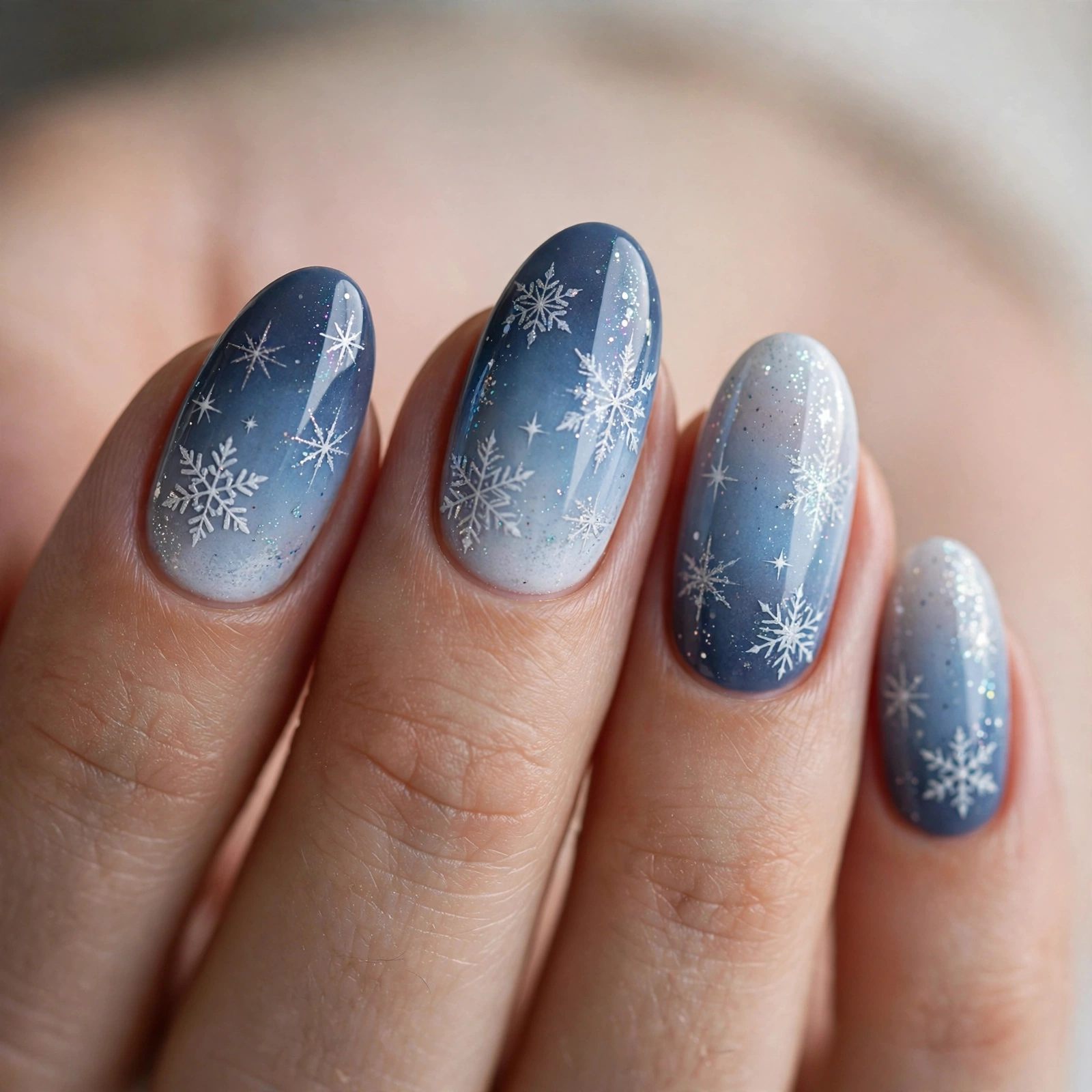 Ombre winter sky snowflake nails