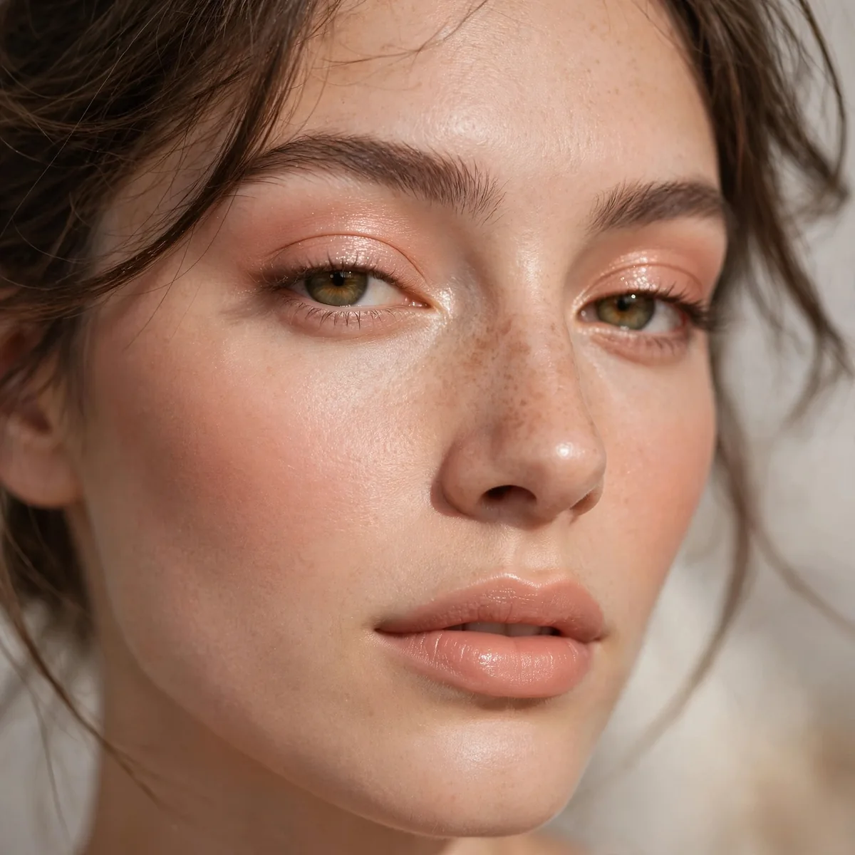 Close-up of Peachy Nude Glam featuring soft peach and sheer shimmer
