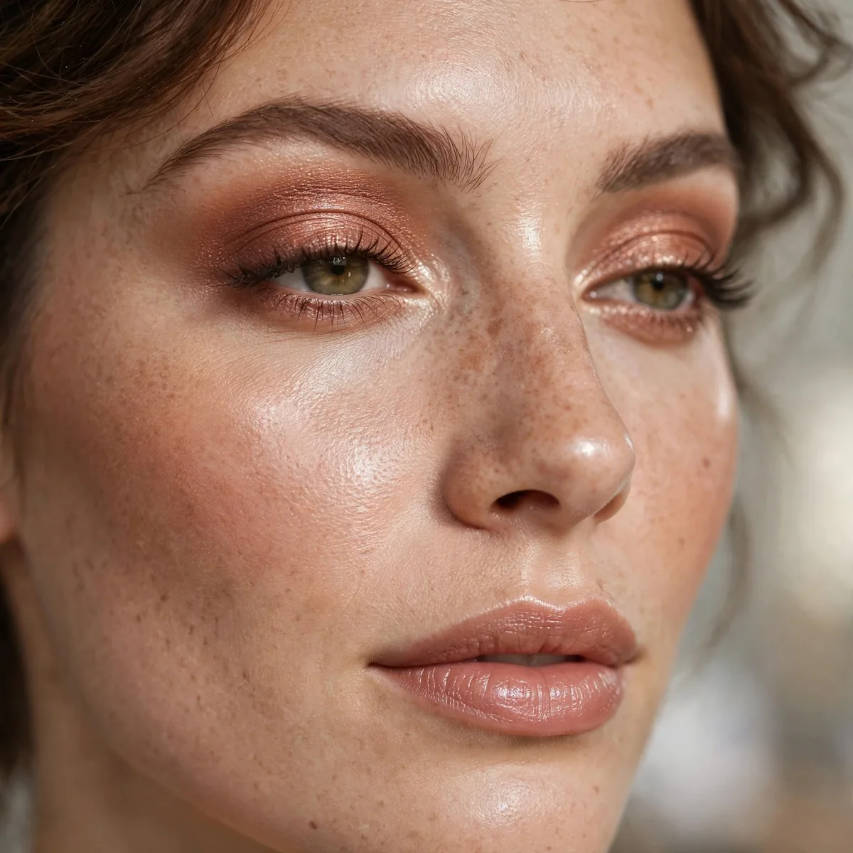 Close-up of Soft Bronze Glam featuring muted copper and dewy pearl