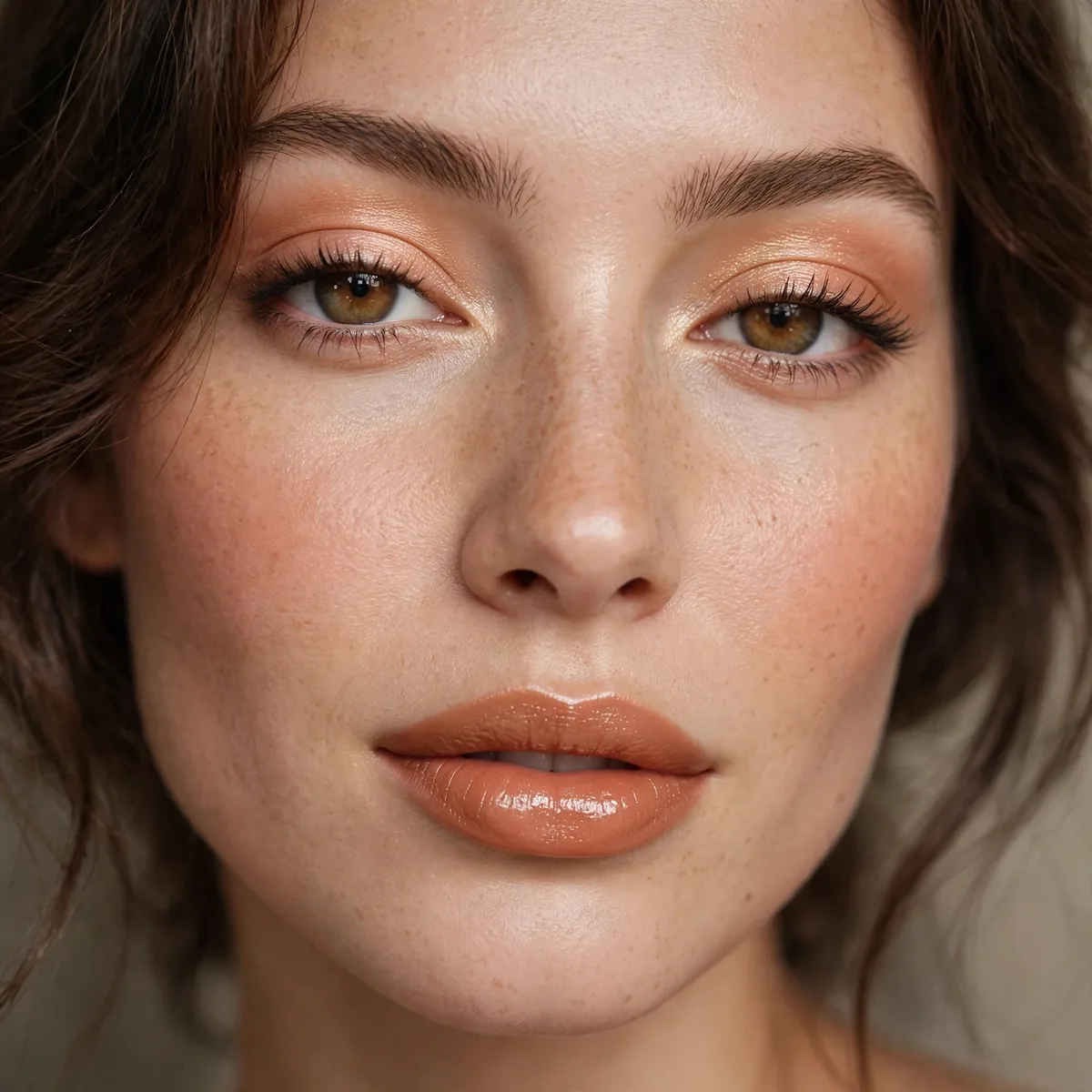Close-up of Caramel Kiss Glam featuring soft peach and sheer shimmer