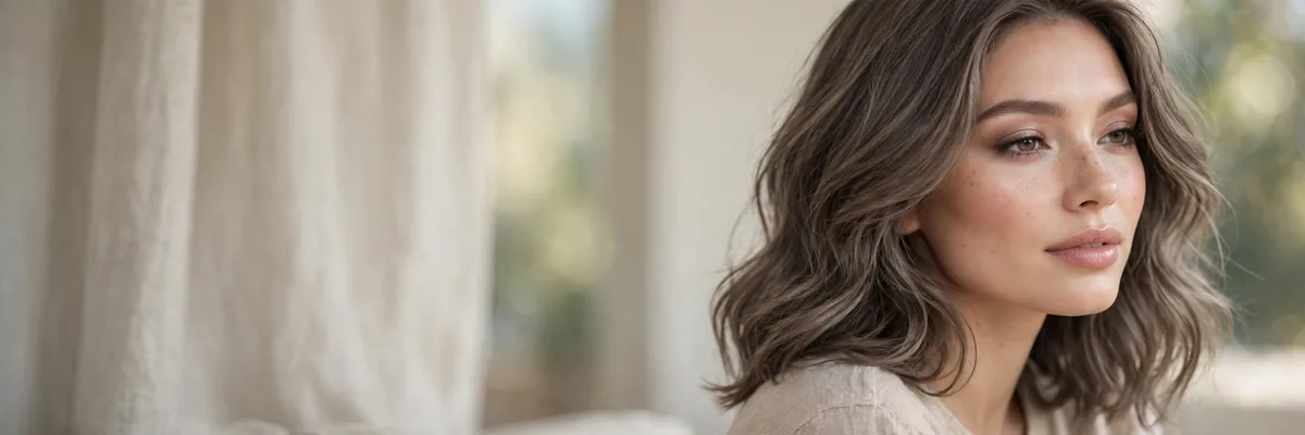 Soft glam makeup look on woman with ash brown hair