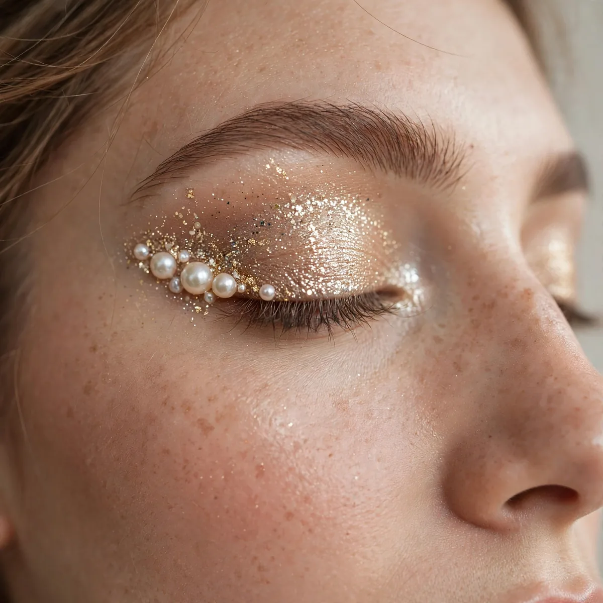 Close-up of Champagne Glitter Lid featuring champagne glitter and soft pearl