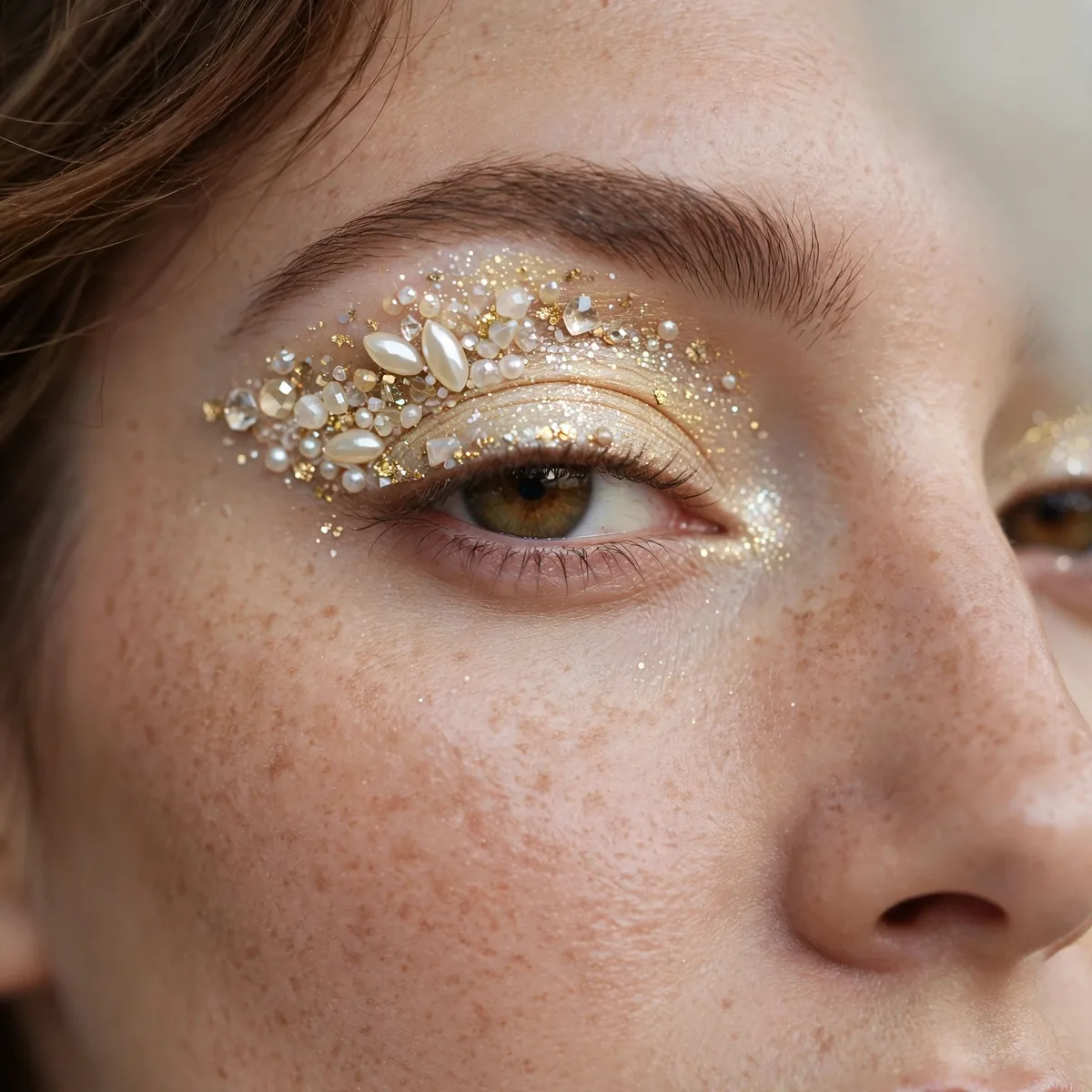 Close-up of Ivory Crystal Lids featuring ivory sparkle and pale gold