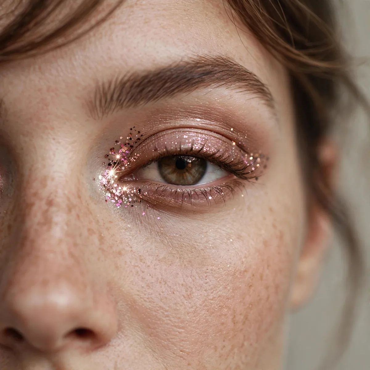 Close-up of Inner Corner Twinkle featuring rose sparkle and pale bronze